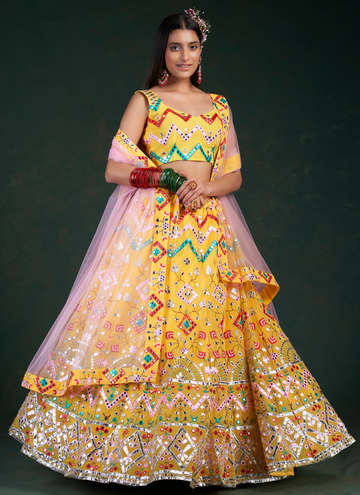 Captivating Multi Foil Mirror Yellow Georgette Lehenga Choli